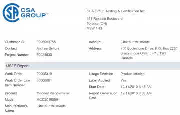 Mooney-Check viscometer complies with CSA: image of certificate issued by CSA Group Testing & Certification inc.