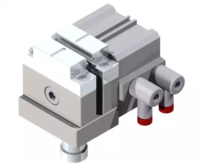 tensile tester grips: Pneumatic clamp for dynamometer with closing force of 600N. CAD rendering.