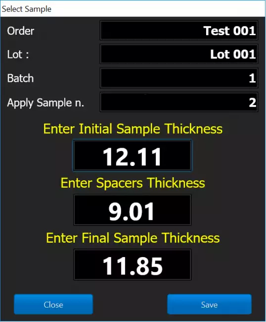 software compression set: Compression set software: thickness entry page.