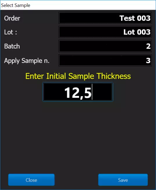 software compression set: Compression set software: thickness entry page.