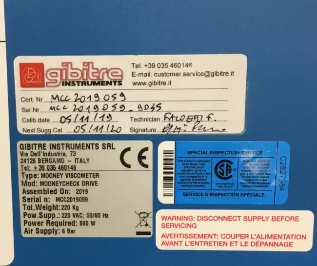 : CSA Labelling: certification label on a MooneyCheck-Drive Viscometer.