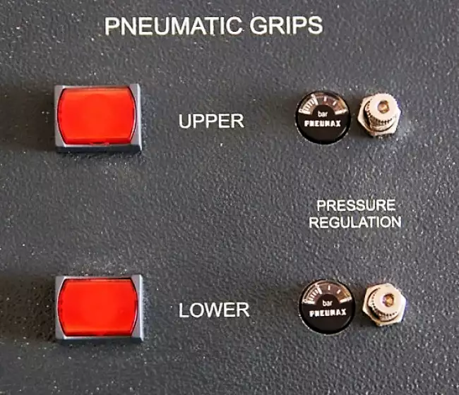 tensile tester grips: Tensor-Check dynamometer: detail of control panel: buttons and adjustment for pneumatic clamps.