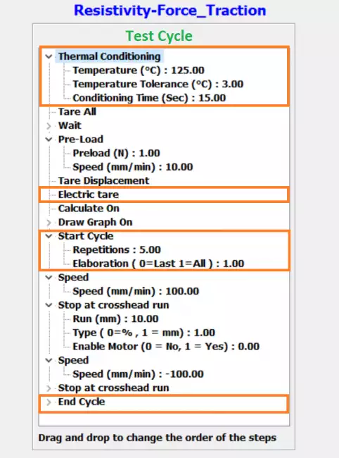 tensor tester resistivity option: Tensor-Check dynamometer configured for dynamic measurement of the electrical resistance of conductive products. Example of a test cycle for tensile testing.
